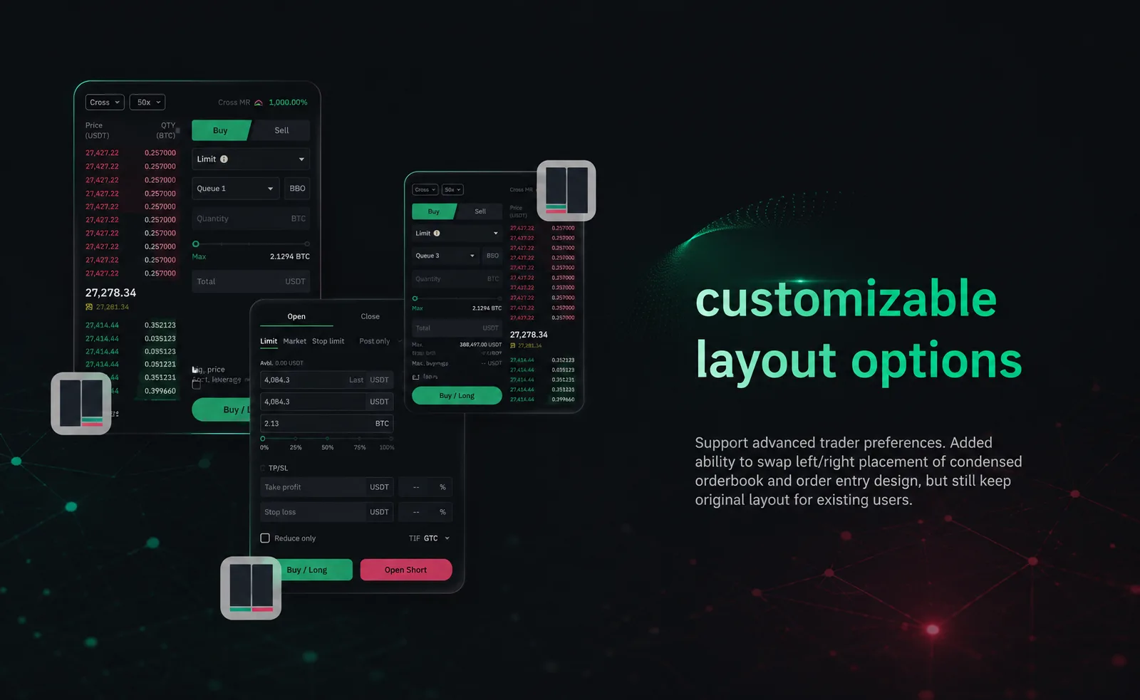 Custom layout — user can swap order book and trade panel positions